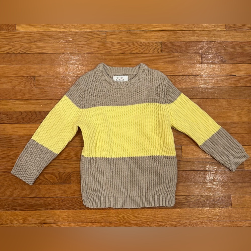 ZARA 5T Yellow and Beige Striped Ribbed Crewneck Sweater NWOT